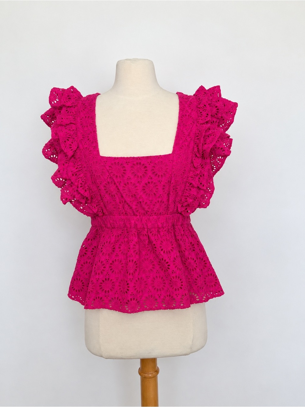 J. Crew Fuchsia Eyelet Ruffle Peplum Top